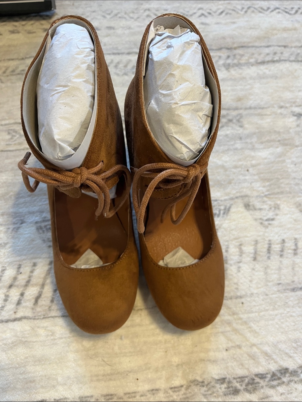 Qupid Chestnut Suede Lace-Up Block Heel Pumps